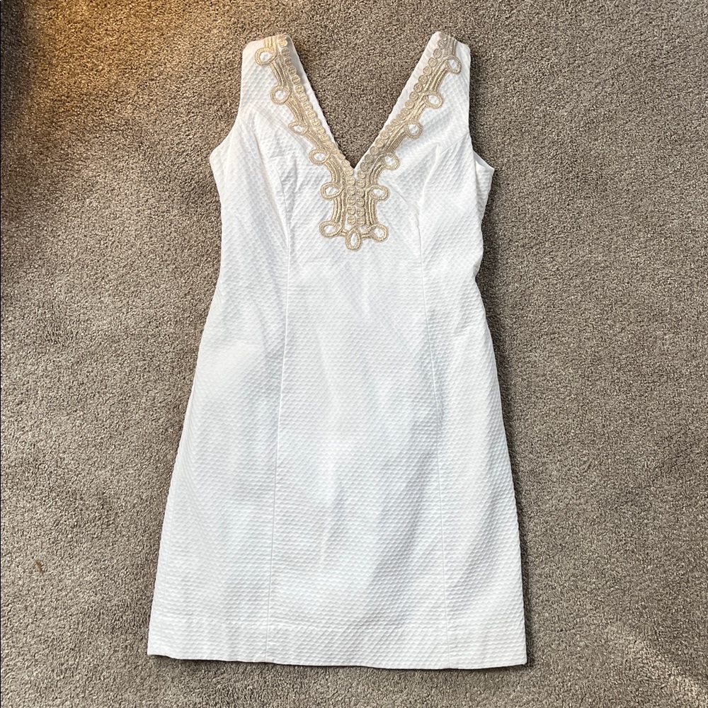 Lilly Pulitzer White Sleeveless V-Neck Dress with Gold Embroidery